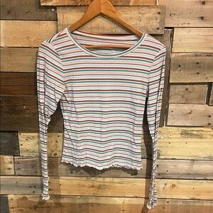 Striped Long Sleeve Top white with blue, light blue, pink and rust stripes